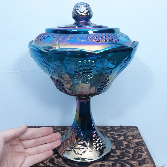 Indiana Blue Iridescent Carnival Glass Pedestal Compote Harvest Grape Purple Lid - Picture 12 of 16
